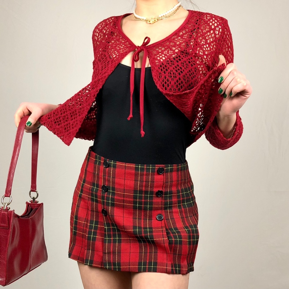 90s high to mid rise red tartan pleated mini skirt